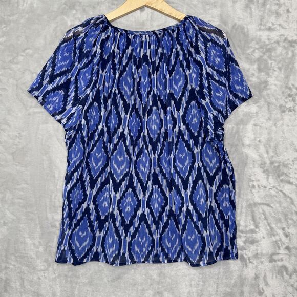 Talbots Blouse Womens XLP Petite Ikat Print Short Sleeve Tie Neck Top Polyester - Picture 3 of 9